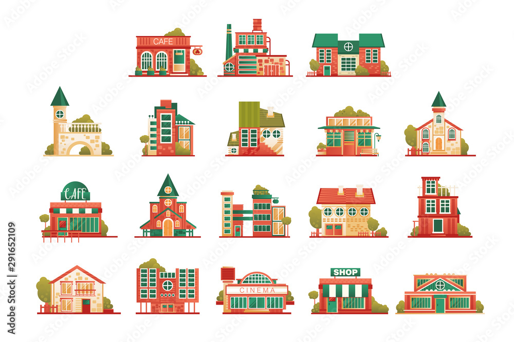 Urban and suburban buildings facade set, brick private houses and municipal public buildings vector Illustrations on a white background