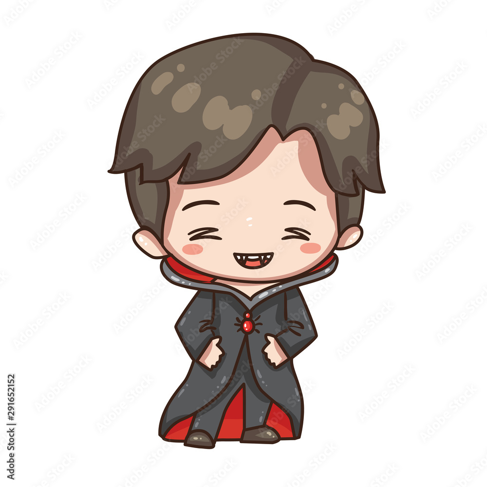 Vector illustration of cute chibi character isolated on white background. Cartoon boy in Dracula costume for Halloween party. Vector illustration of cute chibi character isolated on white background. Cartoon boy in Dracula costume for Halloween party.