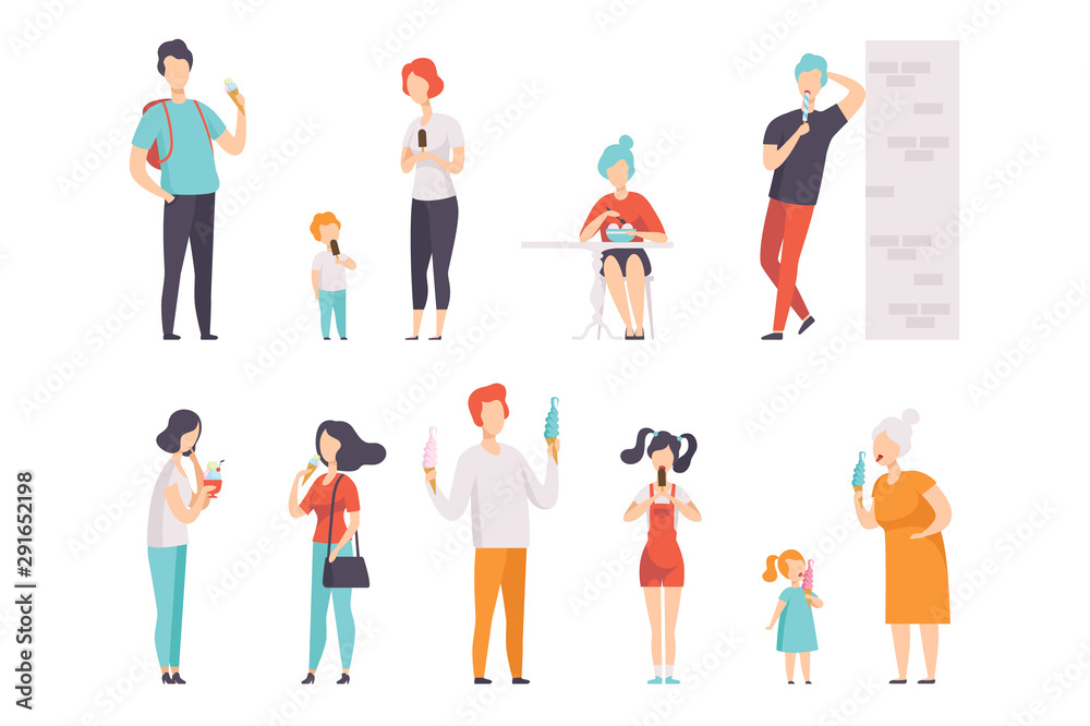 People enjoying eating with their ice cream set vector Illustrations on a white background