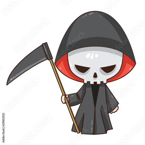 Vector illustration of cute chibi character isolated on white background. Cartoon Death with scythe.
