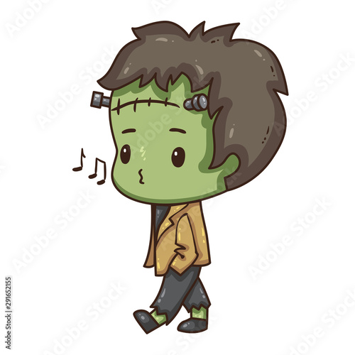 Vector illustration of cute chibi character isolated on white background. Cartoon boy in Frankenstein costume for Halloween party.