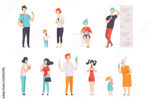 People enjoying eating with their ice cream set vector Illustrations on a white background