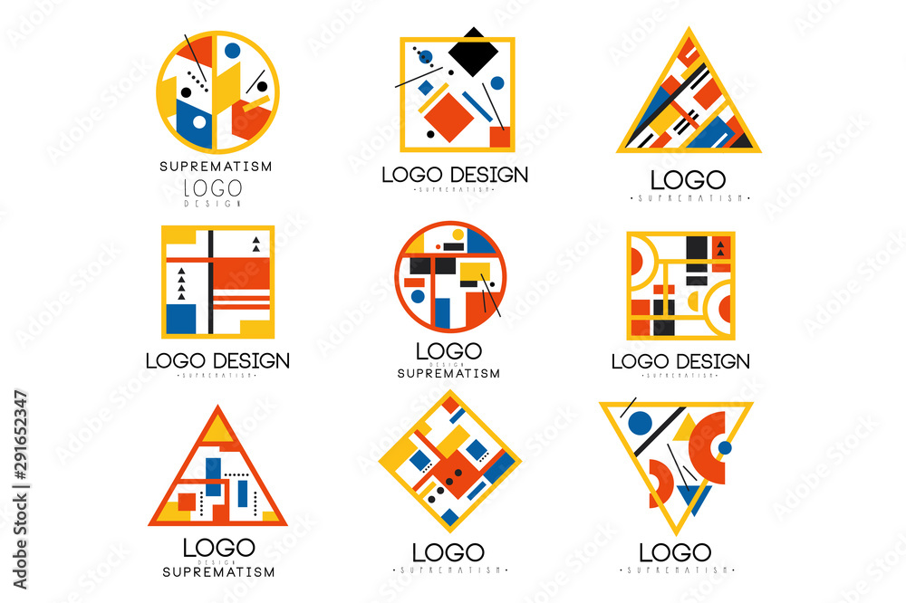 Suprematism logo design set, abstract creative geometric templates can be used for brand identity, advertising, poster, banner, flyer, web, app vector Illustrations on a white background