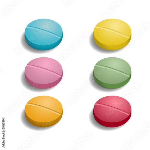 Set of medical colored tablets. Round bulging pills with shadow are isolated on white background. Side view. Realistic vector illustration in 3D style