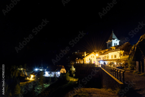 Night on the Sanctuary of the three borders. Mount Lussari. Italy