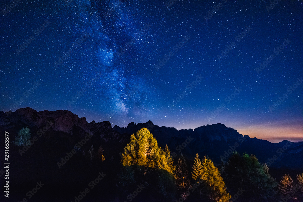 Mount Lussari. Clear and starry sky. Our galaxy. Milky Way. Italy