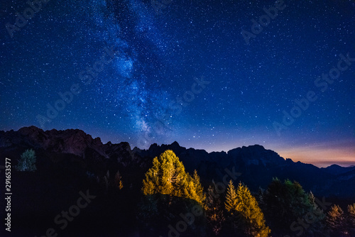 Mount Lussari. Clear and starry sky. Our galaxy. Milky Way. Italy