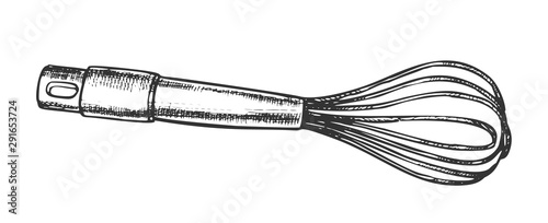 Hand Manual Mixer Kitchenware Monochrome Vector. Metallic Manual Mix Kitchen Tool. Preparation Equipment Engraving Template Hand Drawn In Vintage Style Black And White Illustration