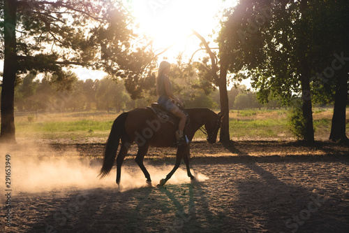 Beautiful sensuality elegance woman cowgirl, riding a horse. Clothed blue jeans, brown leather jacket and hat. Has slim sport body. Portrait nature. People and animals. Equestrian. Amazing sunset