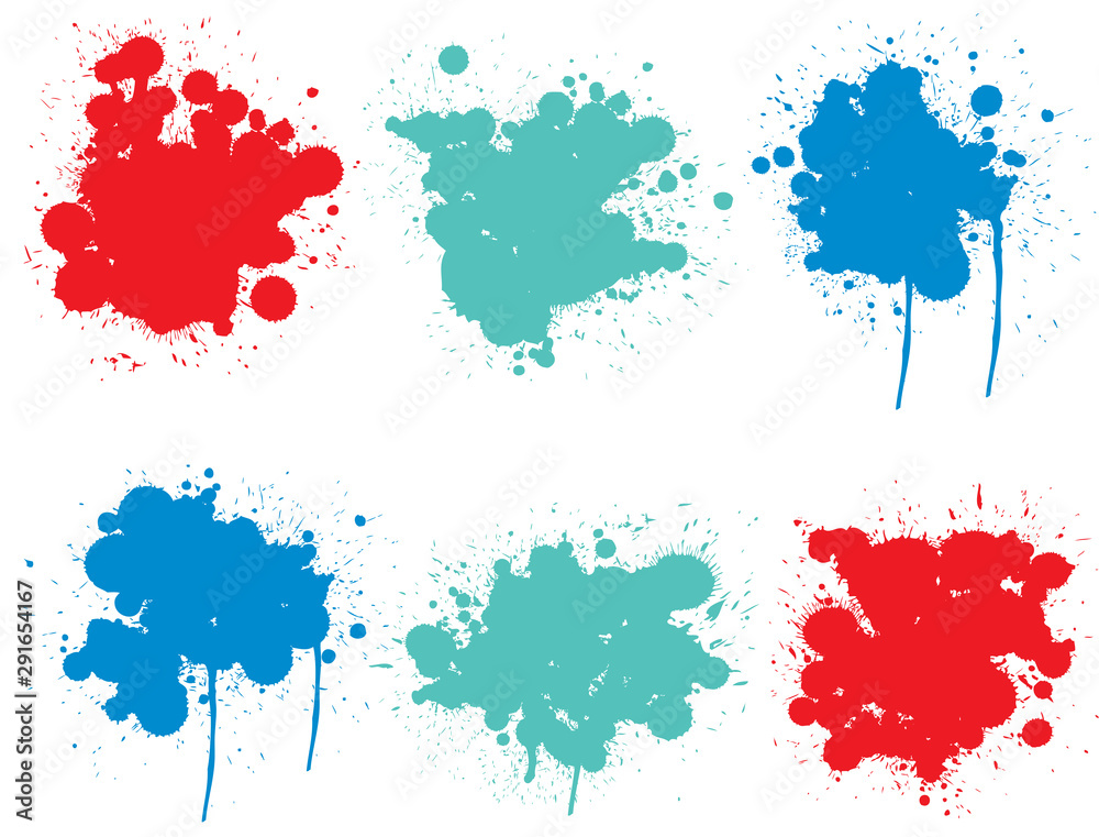 Collection of artistic grungy paint drop, hand made creative splash or splatter stroke set isolated white background. Abstract grunge dirty stains group, education or graphic art decoration