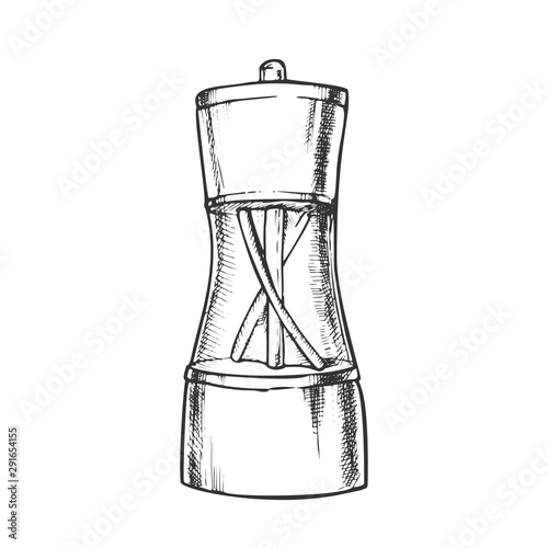 Pepper Spice Mill Kitchenware Monochrome Vector. Glass And Metallic Kitchen Accessory Salt Mill. Culinary Equipment Engraving Template Hand Drawn In Vintage Style Black And White Illustration