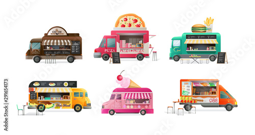 Street van, fast machine transport products food, shop truck with stall. Seasons food transportation canopy on wheels, fast food assortment and tasty eating, streets eat, drinks. Vector illustration