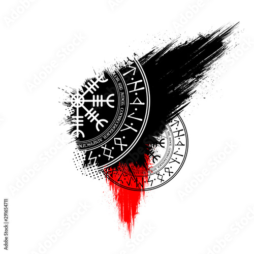 Abstract background witth black and red grunge ink blots splash and scandinavian circle symbols