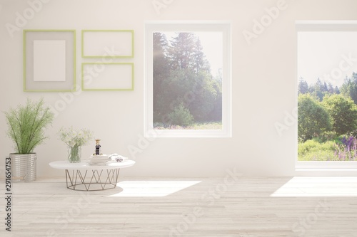 Stylish empty room in white color with summer landscape in window. Scandinavian interior design. 3D illustration © AntonSh