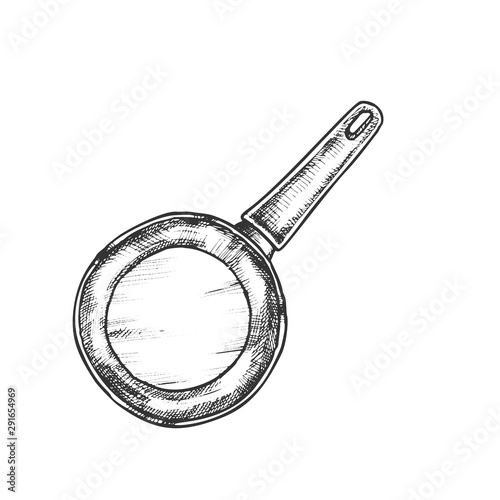 Pan Stainless Cooking Kitchenware Vintage Vector Top View. Metallic Kitchen Accessory Pan For Fry Food. Casserole Engraving Template Designed In Vintage Style Black And White Illustration