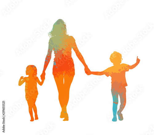 Multi-colored silhouette of mom with children walk. Vector illustration