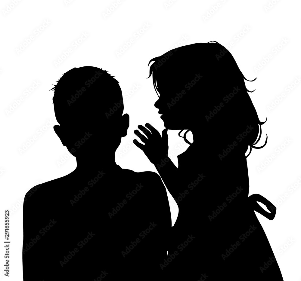 Brother and sister silhouette. Secret. Whisper quietly in your ear. Vector illustration