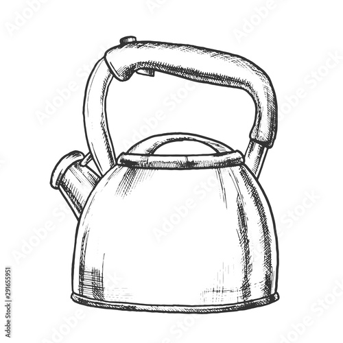 Teapot For Cook Hot Drink Kitchenware Ink Vector. Kitchen Accessory Teapot For Boiling Water And Cooking Tea Or Coffee. Kettle Engraving Template Designed In Vintage Style Black And White Illustration