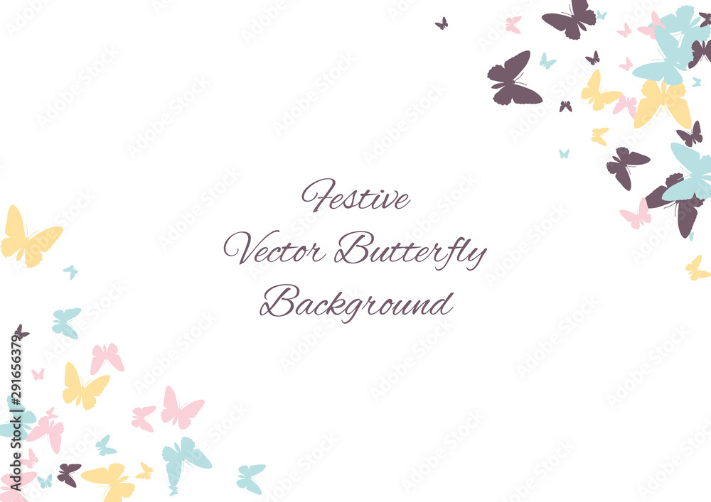 Festive butterfly confetti background. Frame vector pattern texture for holiday, postcard, poster, carnival, banner, birthday and children's parties. Butterfly cover mock-up. Wedding butterfly layout