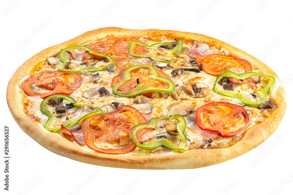 Pizza with cheese, ham, tomato and bell pepper at an angle of 45 degrees isolated on a white background. Clipping path. Food photo for menu