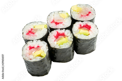 Sushi Roll Maki with tuna isolated on white background. Japanese cuisine. Clipping path. Food photo for menu