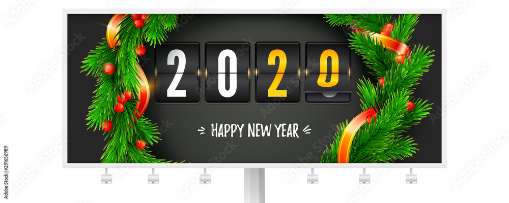 Naklejka premium Billboard with greetings of Christmas or New Year 2020. Mechanical flip clock decorated of fir branches and ribbons. Hand lettering of happy new year written in chalk. Vector 3d illustration