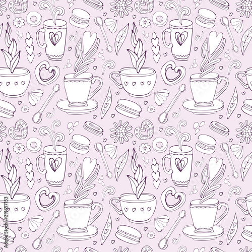 Seamless pattern of Doodle tea and coffee hand drawn in outline. Tea time elements. Cup, mug, spoon, dessert, cookies, souffle, sweets, heart. Vintage style.