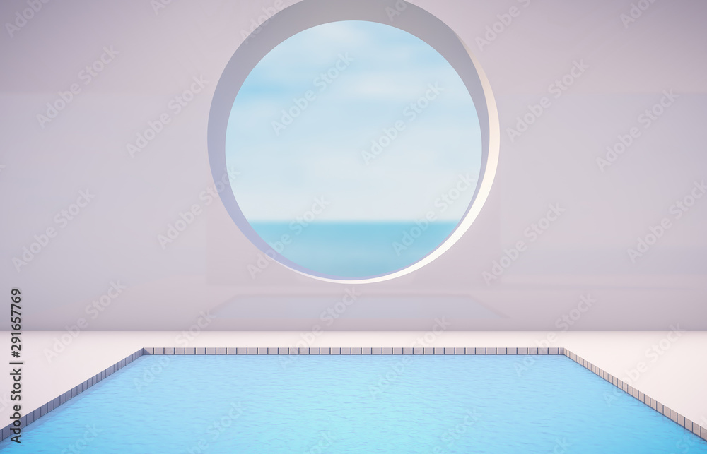 Scene with geometrical forms, arch with a podium in natural day light. minimal landscape background. sea view. 3D render background.