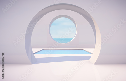 Fototapeta Naklejka Na Ścianę i Meble -  Scene with geometrical forms, arch with a podium in natural day light. minimal landscape background. sea view. 3D render background.
