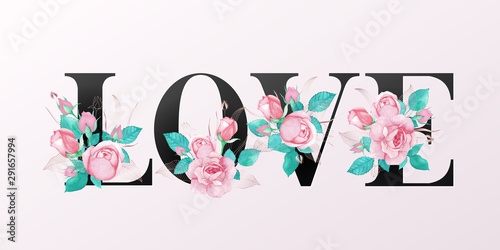 Love alphabet decoration with roses watercolor 
