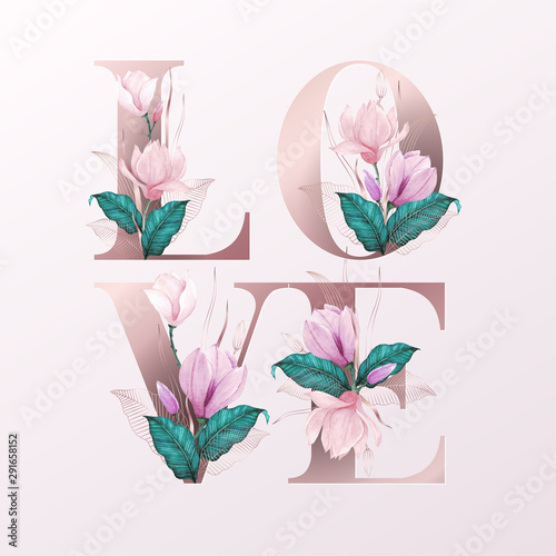 Rose gold "love" alphabet decoration with pink roses watercolor 