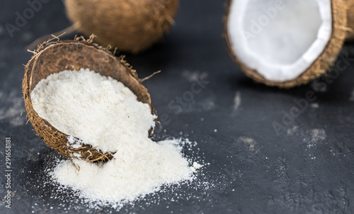 Portion of Coconut flour as detailed close-up shot; selective focus