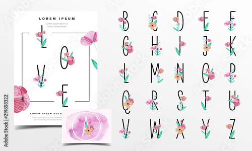 Beautiful alphabet number collection with floral watercolor decoration