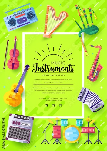 Music instruments vector brochure cards set. Audio tools template of flyear, magazines, poster, book cover, banners. Concert invitation concept background. Layout illustration modern page background