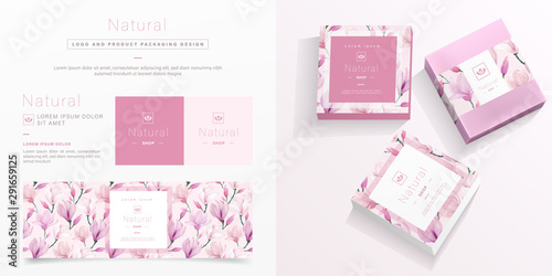 Natural logo and packaging design template. Natural soap package mockup created by vector. Watercolor green leaf pattern for branding and corporate identity design.