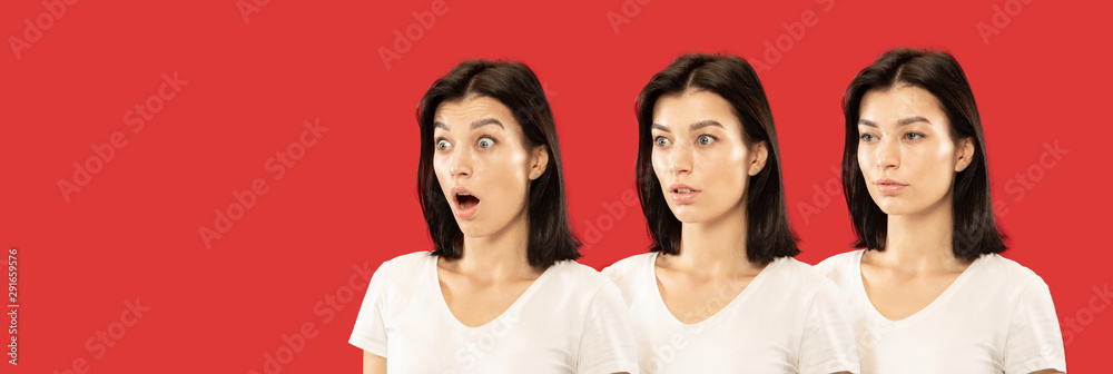Obraz premium Caucasian young woman's close up portrait on red studio background. Concept of human emotions, facial expression, sales. Looks calm, wondered and astonished. Flyer for your ad. Progress of emotions.