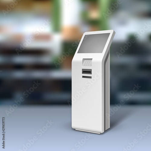 Mockup Payment Information Terminal. ATM, POS, POI Advertising Outdoor, Indoor Stand. 3D Mock Up, Template. Illustration On Realistic Background Shop, Mall. Vector EPS10