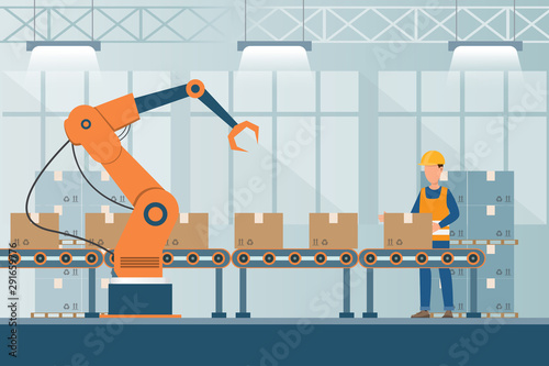 smart industrial factory in a flat style with workers, robots and assembly line packing