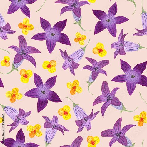Seamless pattern with watercolor garden bluebells and anemones on warm background. Good design for textile, wallpaper, backdrop, casing-paper etc.