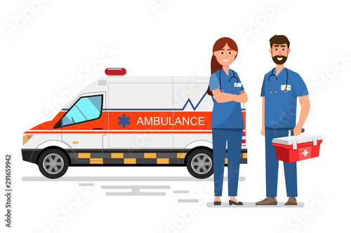 ambulance medical service carrying patient with man and woman staff photo