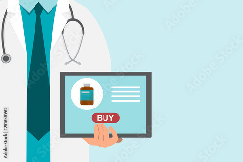 pharmacy background with doctor holding a tablet for buy medicine