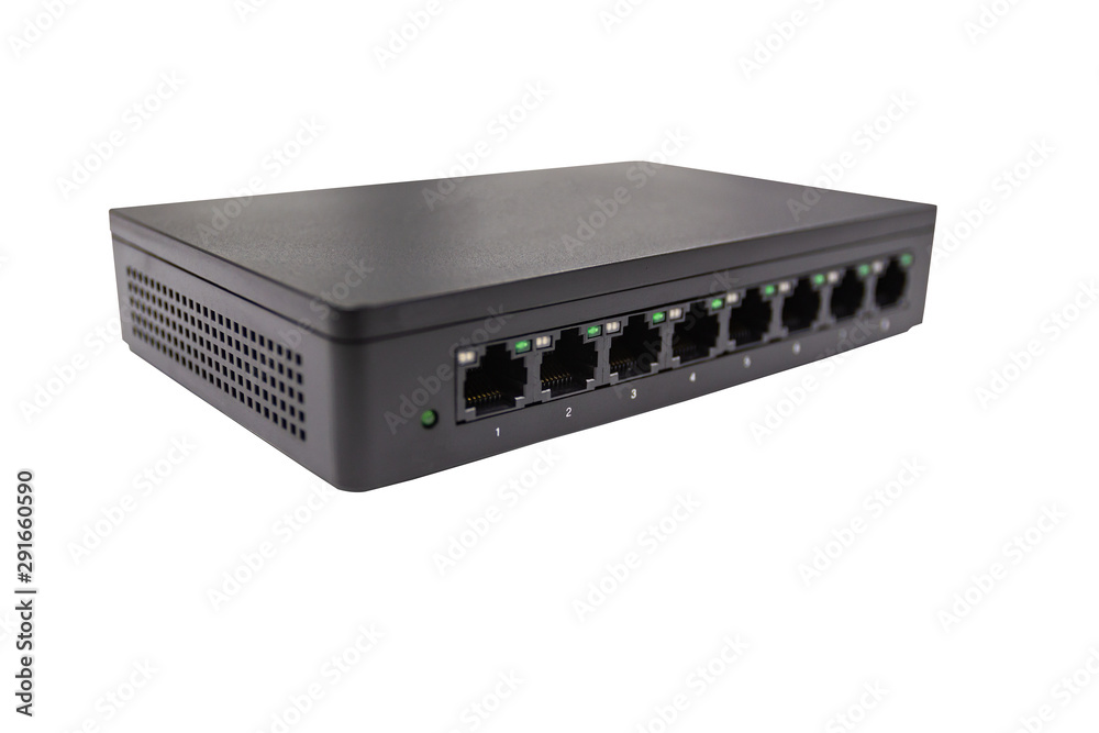 Black switch 8 port gigabit isolated white background device connect network and internet, clipping path Black switch 8 port gigabit isolated white background device connect network and internet, clipping path