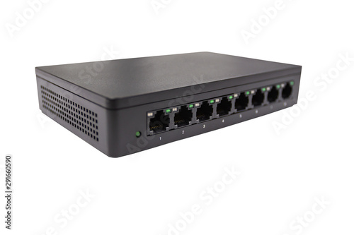 Black switch 8 port gigabit isolated white background device connect network and internet, clipping path