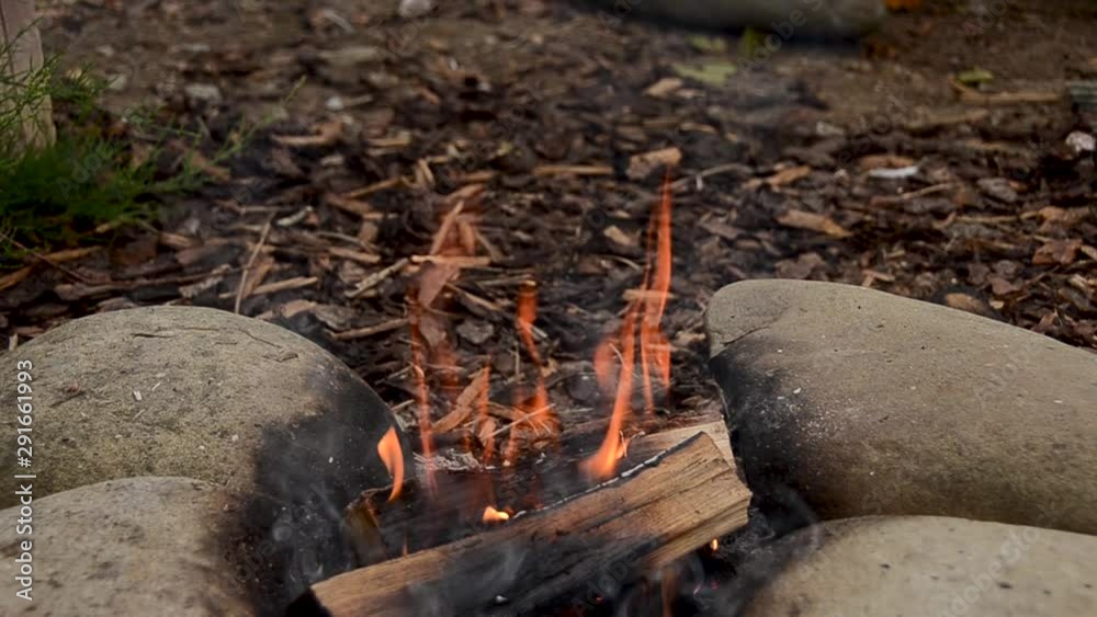 Tilt down shot revealing burning logs on hot campfire outdoors in woods Tilt down shot revealing burning logs on hot campfire outdoors in woods