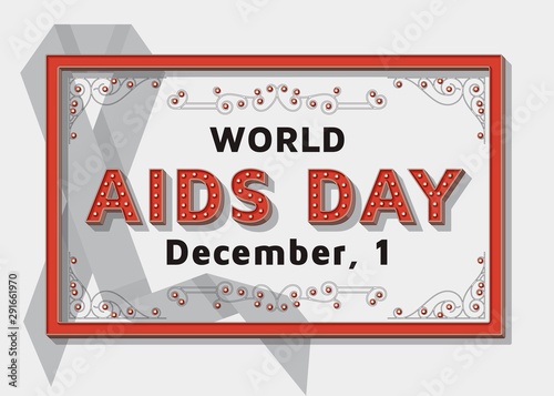 World AIDS day background template with retro stylized typography. 3d font with colored buttons, ornate swirls frames and borders. Vector illustration.