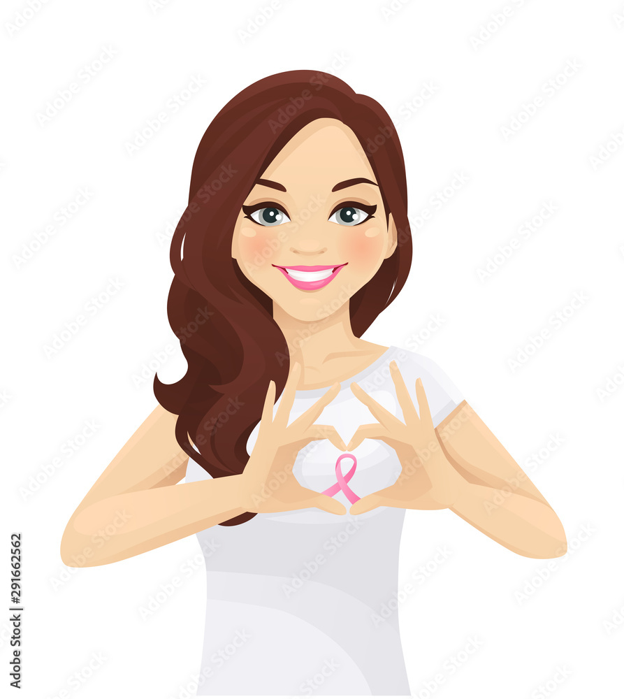 Girl making heart shape with pink cancer awareness ribbon vector illustration isolated Girl making heart shape with pink cancer awareness ribbon vector illustration isolated