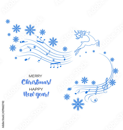 Running deer and winter music. Merry Christmas and Happy New Year. Poster, postcard  with the image of a deer, musical notes and snowflakes. Design for decoration of the festive music program 