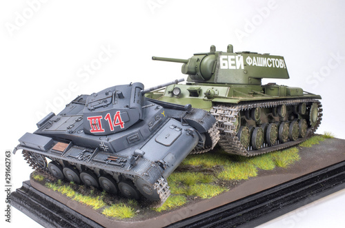 Legendary Soviet heavy tank KV-1, rams German light tank T-IIC I, world war II in the Soviet Union. The summer of 1941. 
