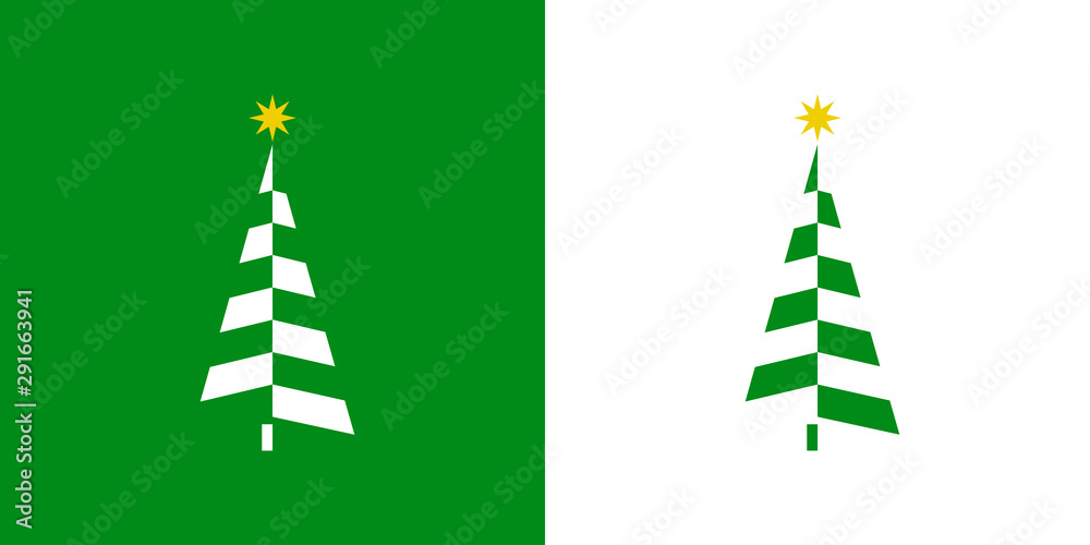 Logotipo con árbol de navidad abstracto triangular con estrella y piezas en diagonal en verde y blanco