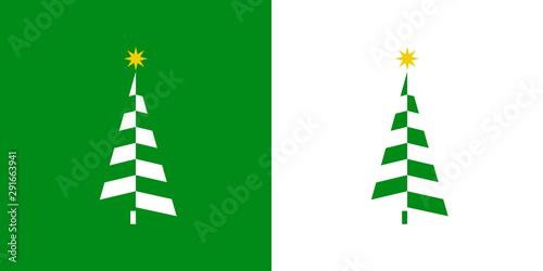 Logotipo con árbol de navidad abstracto triangular con estrella y piezas en diagonal en verde y blanco